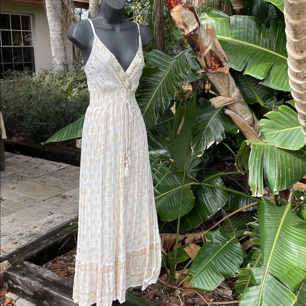Gold, striped sequin lace ruffled, maxi sundress - Picture 4 of 9